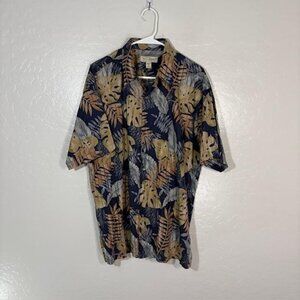 Tori Richard Shirt Mens Large Blue Hawaiian Aloha Cotton Tropical Leaves Camp